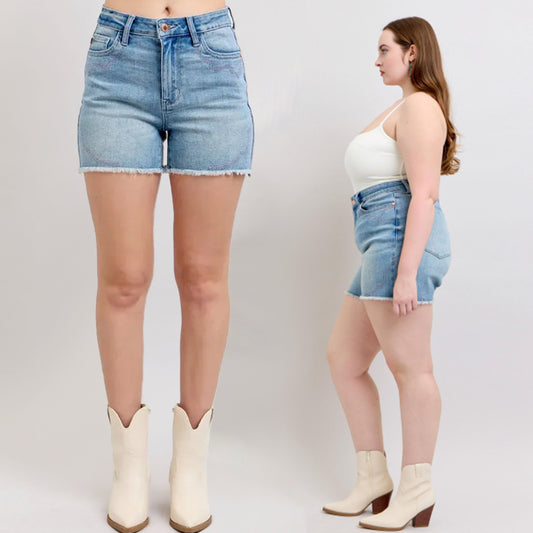 Judy Blue HW Western Embroidery Detail Cut Off Denim Shorts 150147