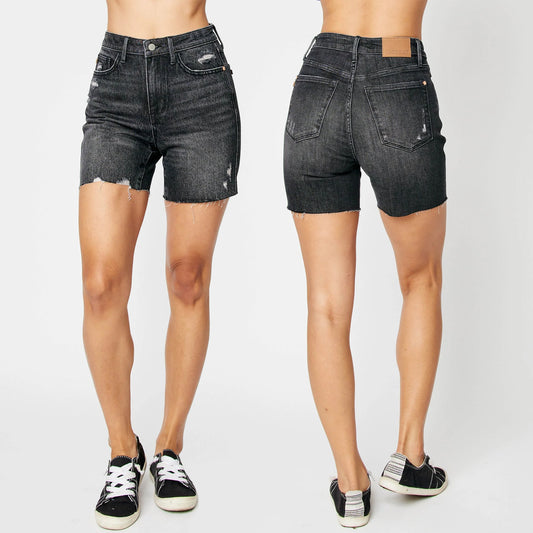 Judy Blue High Waist Rigid Magic Destroy Raw Hem Denim Shorts #150252
