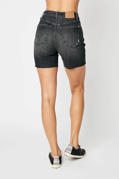 Judy Blue High Waist Rigid Magic Destroy Raw Hem Denim Shorts #150252