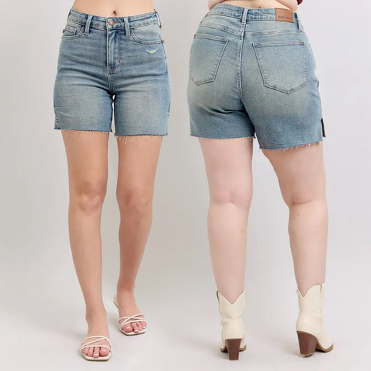 Judy Blue High Waist Vintage Wash Side Slit Denim Shorts 150296