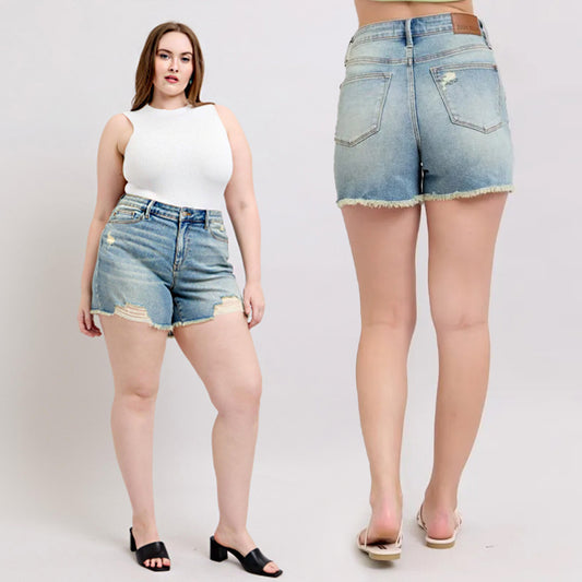 Judy Blue HW Washed Fly Stitch Detail and Destroy Denim Shorts 150323