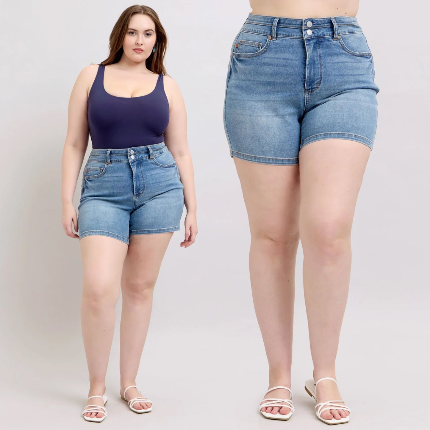 Judy Blue HW Tummy Control Cool Denim Double Waistband Shorts #150337