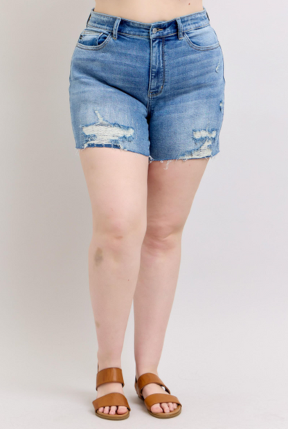 Judy Blue High Waist Denim Shorts W/stitch Over Destroy Detail 15294