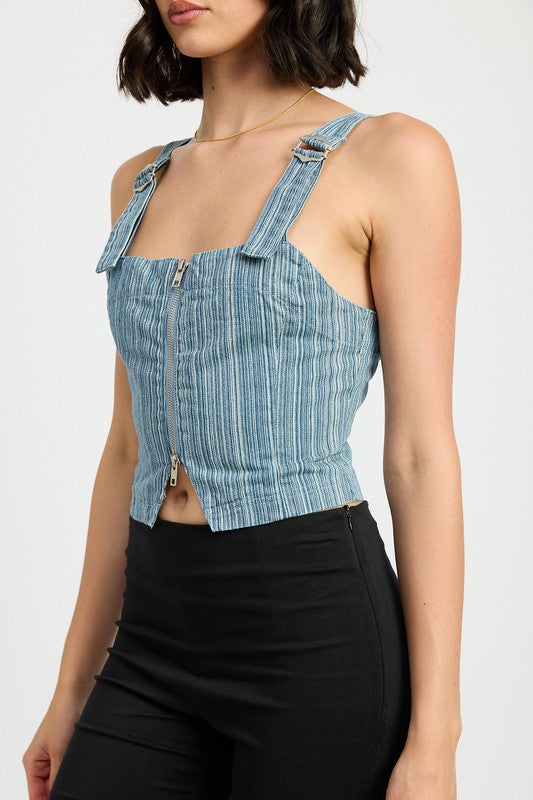 Emory Park Ilaria Zipper Front Denim Bustier Top