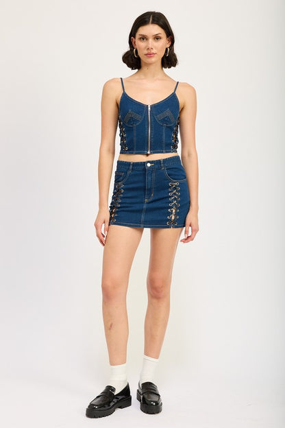 Emory Park Greta Corset Zipper Front Denim Top