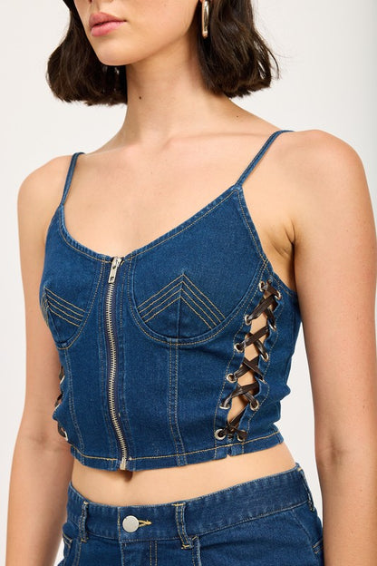Emory Park Greta Corset Zipper Front Denim Top