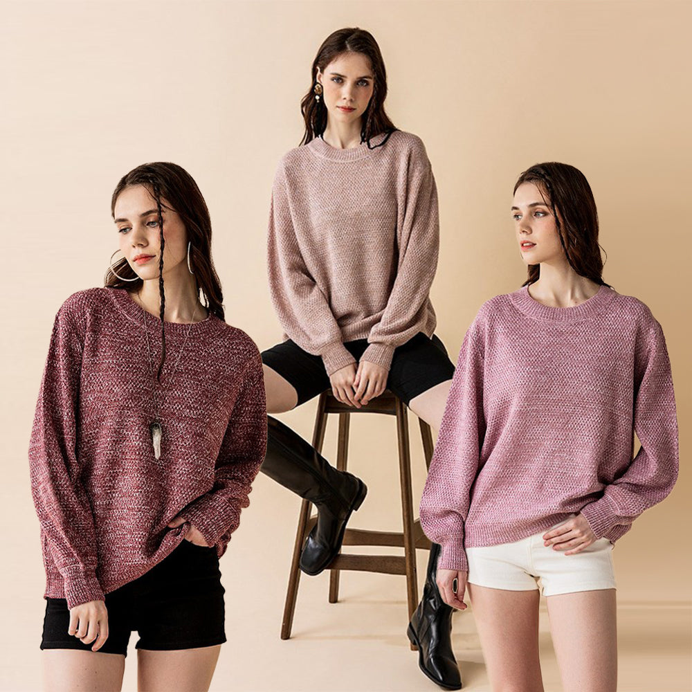 Women's Round Neck Balloon Sleeve Heathered Sweater