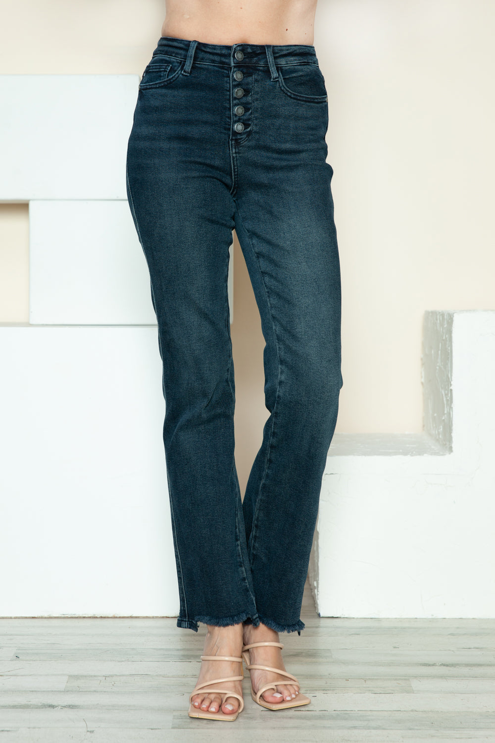 Judy Blue High Waist Button Fly Destroy Hem Straight Leg Jeans #88912