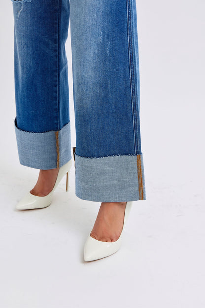 Judy Blue High Waist Medium Wash Retro Wide Leg w/ Cuff Jeans #82636