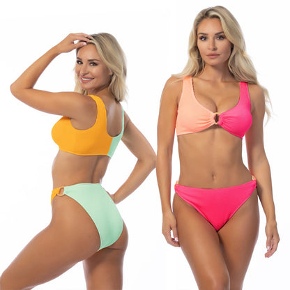 Beach Joy Bikini Textured Color Block Ring Accent Bikini Set Swimsuit
