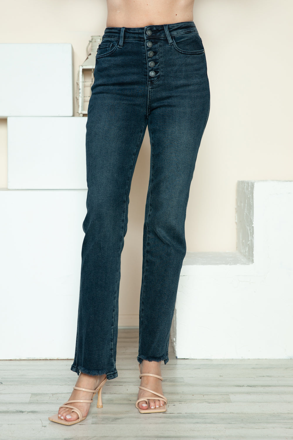 Judy Blue High Waist Button Fly Destroy Hem Straight Leg Jeans #88912