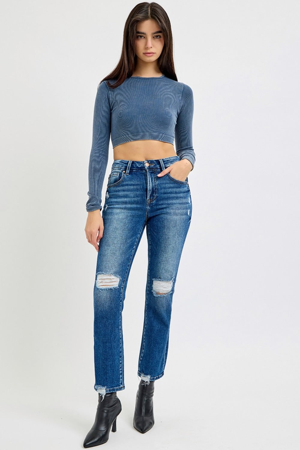 RISEN High Rise Distressed Crop Straight Leg Jeans RDP5783