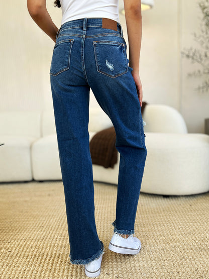 Judy Blue Mid Rise Distressed Raw Hem Dad Jeans #82605