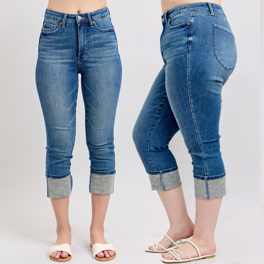 Judy Blue High Waist Tummy Control Back Shield Pockets & Cuff Capri Jeans #78114