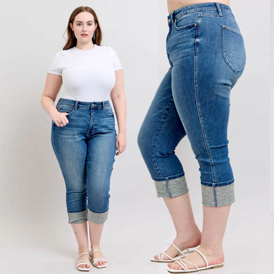 Judy Blue High Waist Tummy Control Back Shield Pockets & Cuff Capri Jeans #78114