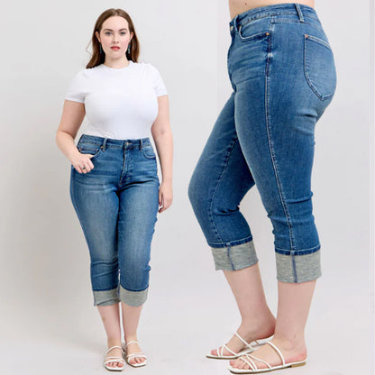 Judy Blue High Waist Tummy Control Back Shield Pockets & Cuff Capri Jeans #78114