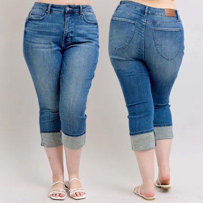 Judy Blue High Waist Tummy Control Back Shield Pockets & Cuff Capri Jeans #78114