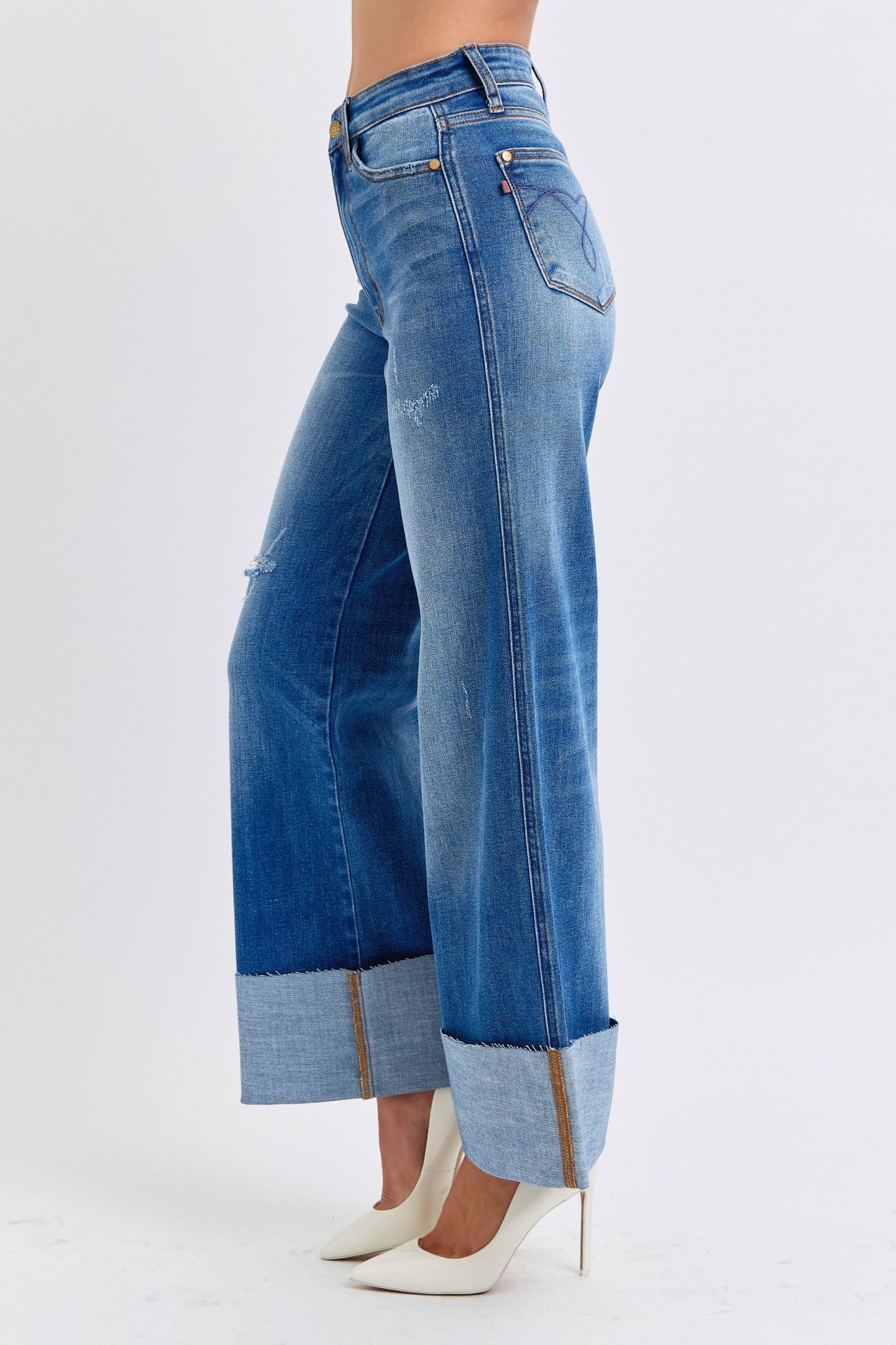 Judy Blue High Waist Medium Wash Retro Wide Leg w/ Cuff Jeans #82636