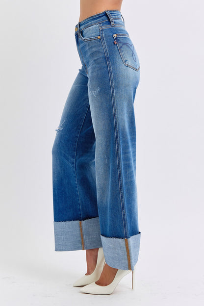Judy Blue High Waist Medium Wash Retro Wide Leg w/ Cuff Jeans #82636