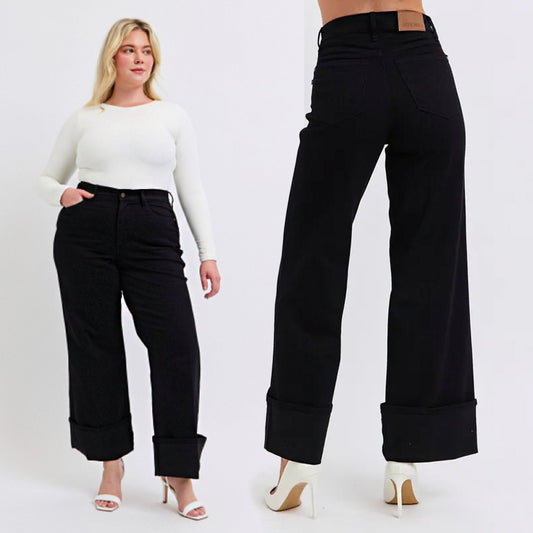 Judy Blue High Waist Retro Wide Leg W/ Cuff Denim Jeans 82617