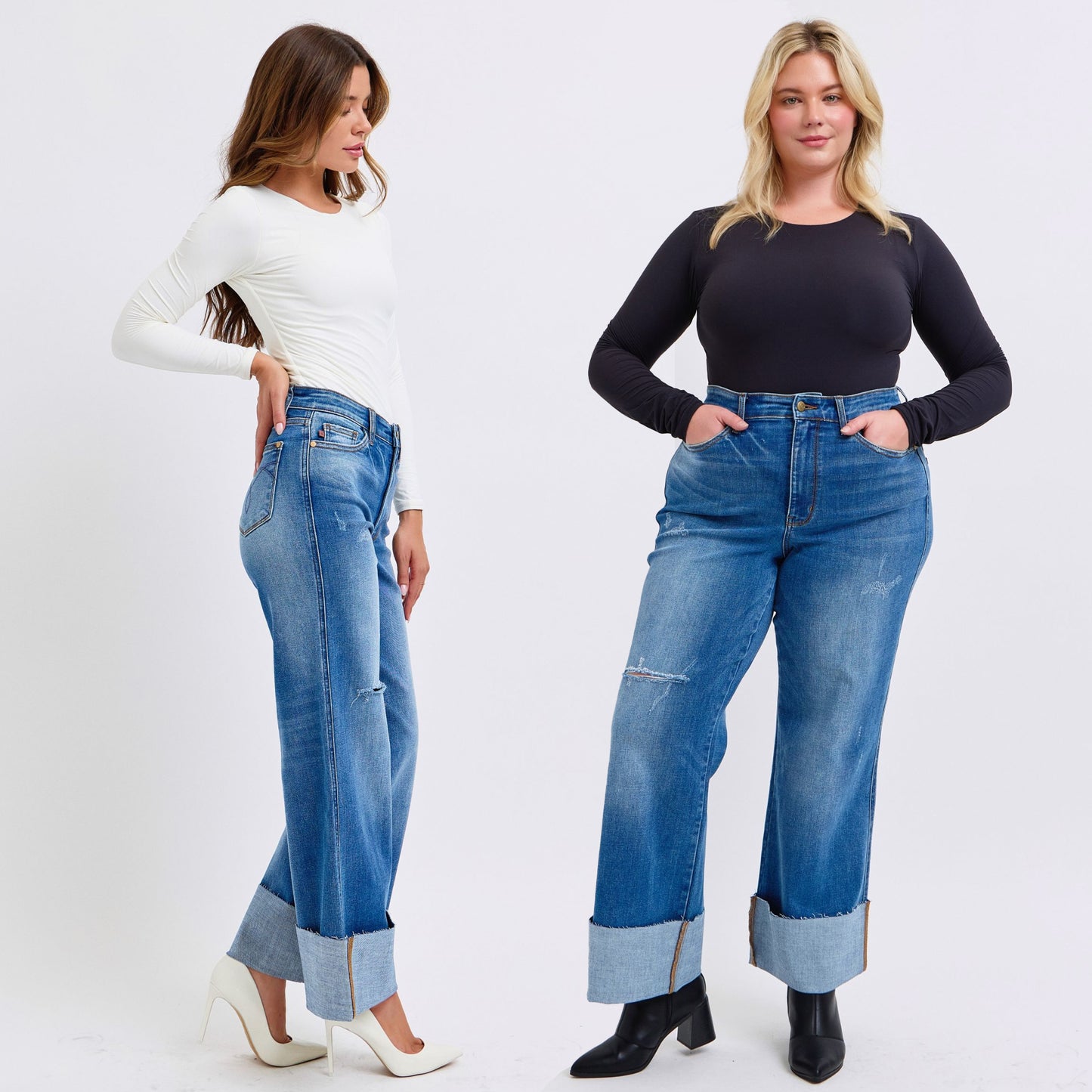 Judy Blue High Waist Medium Wash Retro Wide Leg w/ Cuff Jeans #82636