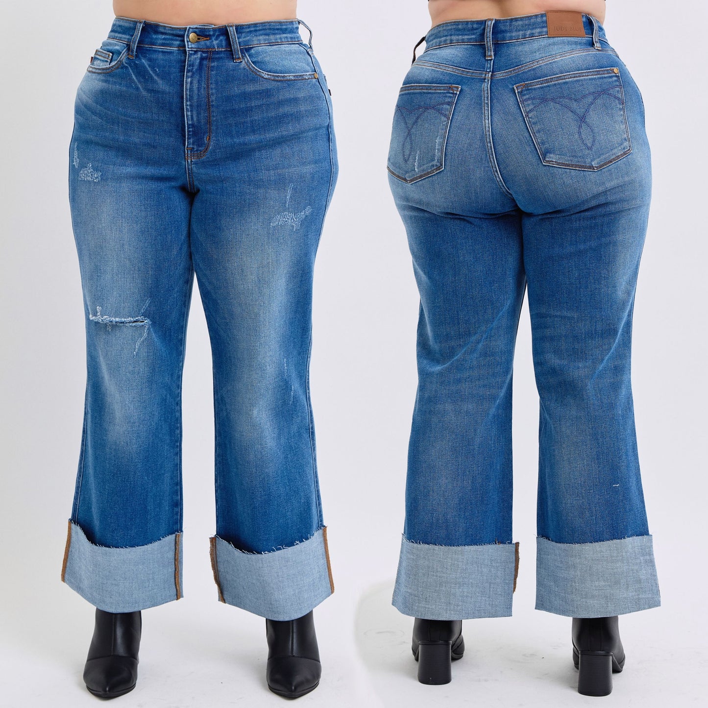 Judy Blue High Waist Medium Wash Retro Wide Leg w/ Cuff Jeans #82636