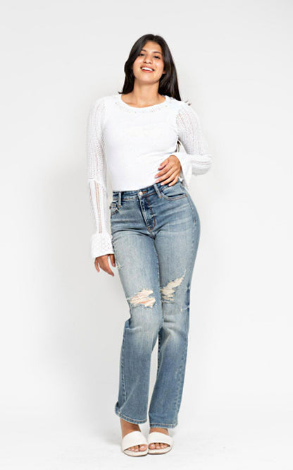 Judy Blue High Waist Dad Straight W/ Harsh Tint & Destroy Jeans #82641