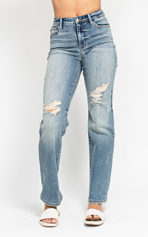 Judy Blue High Waist Dad Straight W/ Harsh Tint & Destroy Jeans #82641