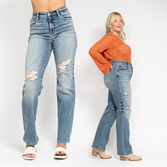 Judy Blue High Waist Dad Straight W/ Harsh Tint & Destroy Jeans #82641