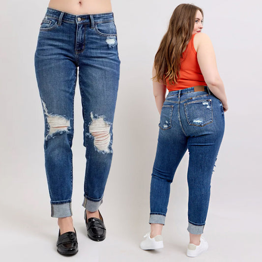 Judy Blue MR Boyfriend Fit w/Destroy, Yoke Pocket, & Faux Selvedge Cuff #82647