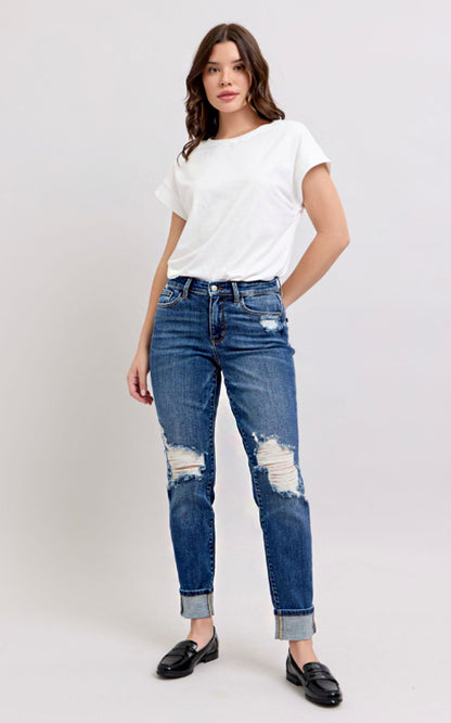 Judy Blue MR Boyfriend Fit w/Destroy, Yoke Pocket, & Faux Selvedge Cuff #82647