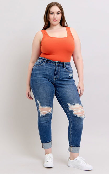 Judy Blue MR Boyfriend Fit w/Destroy, Yoke Pocket, & Faux Selvedge Cuff #82647