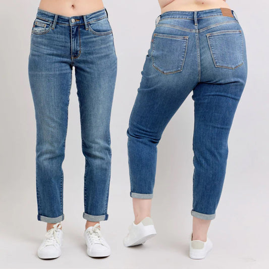 Judy Blue Mid Rise Vintage Wash Non-Destroy Boyfriend Jeans #82662