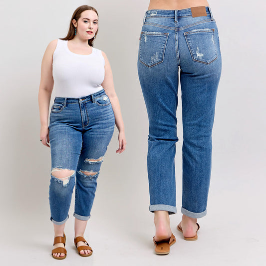 Judy Blue Mid Rise Vintage Wash Boyfriend Fit W/ Destroy Jeans 82663