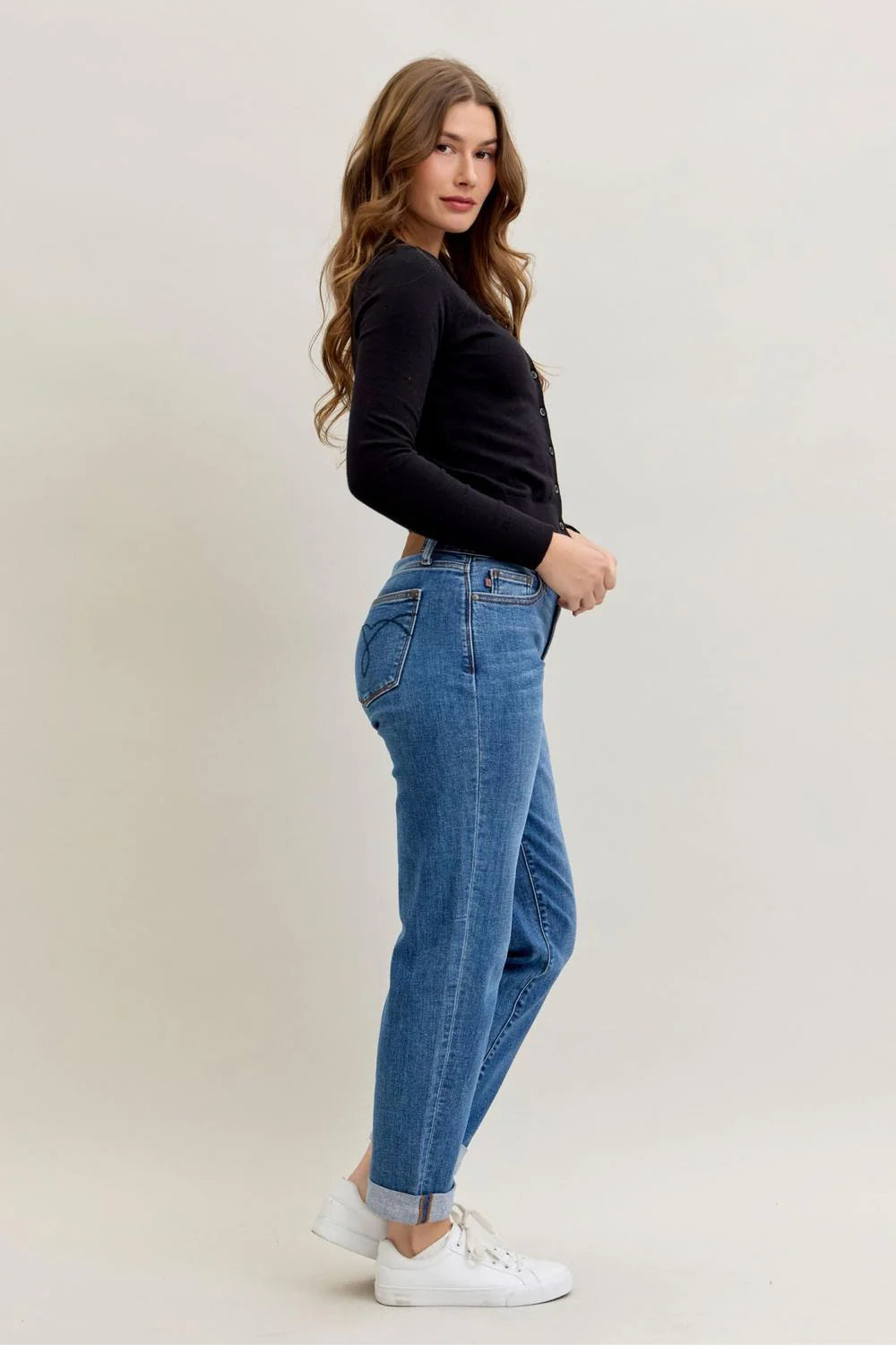 Judy Blue Mid Rise Classic Cuffed Boyfriend Denim Jeans 82685