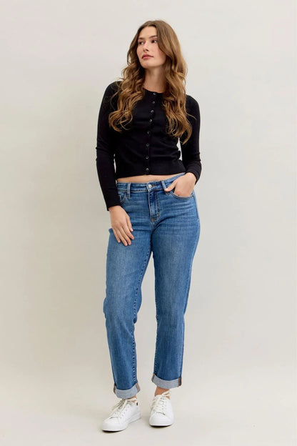 Judy Blue Mid Rise Classic Cuffed Boyfriend Denim Jeans 82685