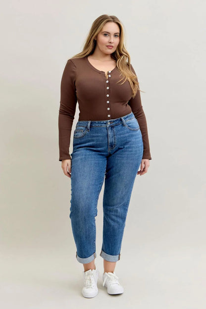 Judy Blue Mid Rise Classic Cuffed Boyfriend Denim Jeans 82685