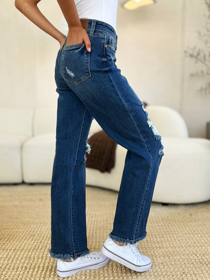 Judy Blue Mid Rise Distressed Raw Hem Dad Jeans #82605