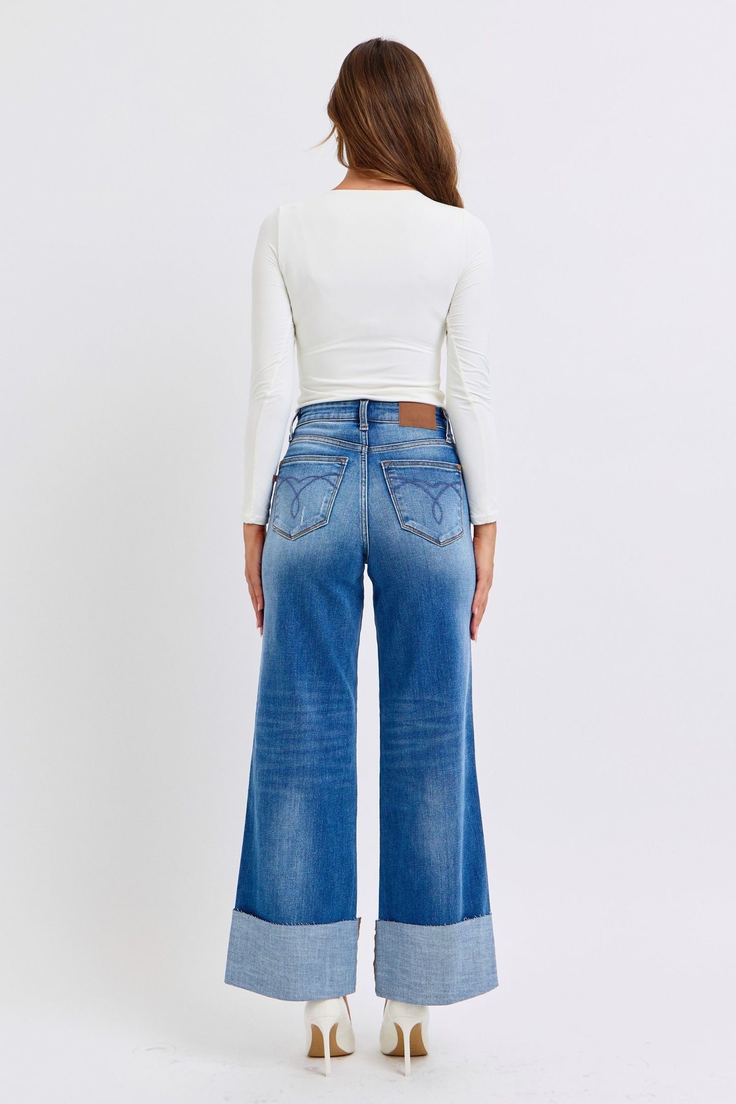 Judy Blue High Waist Medium Wash Retro Wide Leg w/ Cuff Jeans #82636