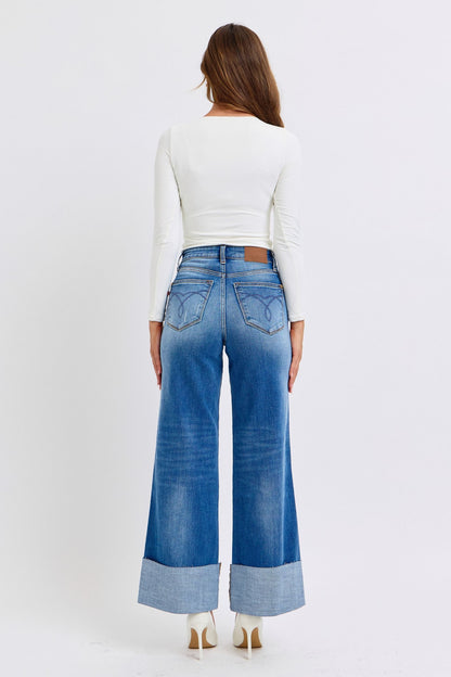 Judy Blue High Waist Medium Wash Retro Wide Leg w/ Cuff Jeans #82636