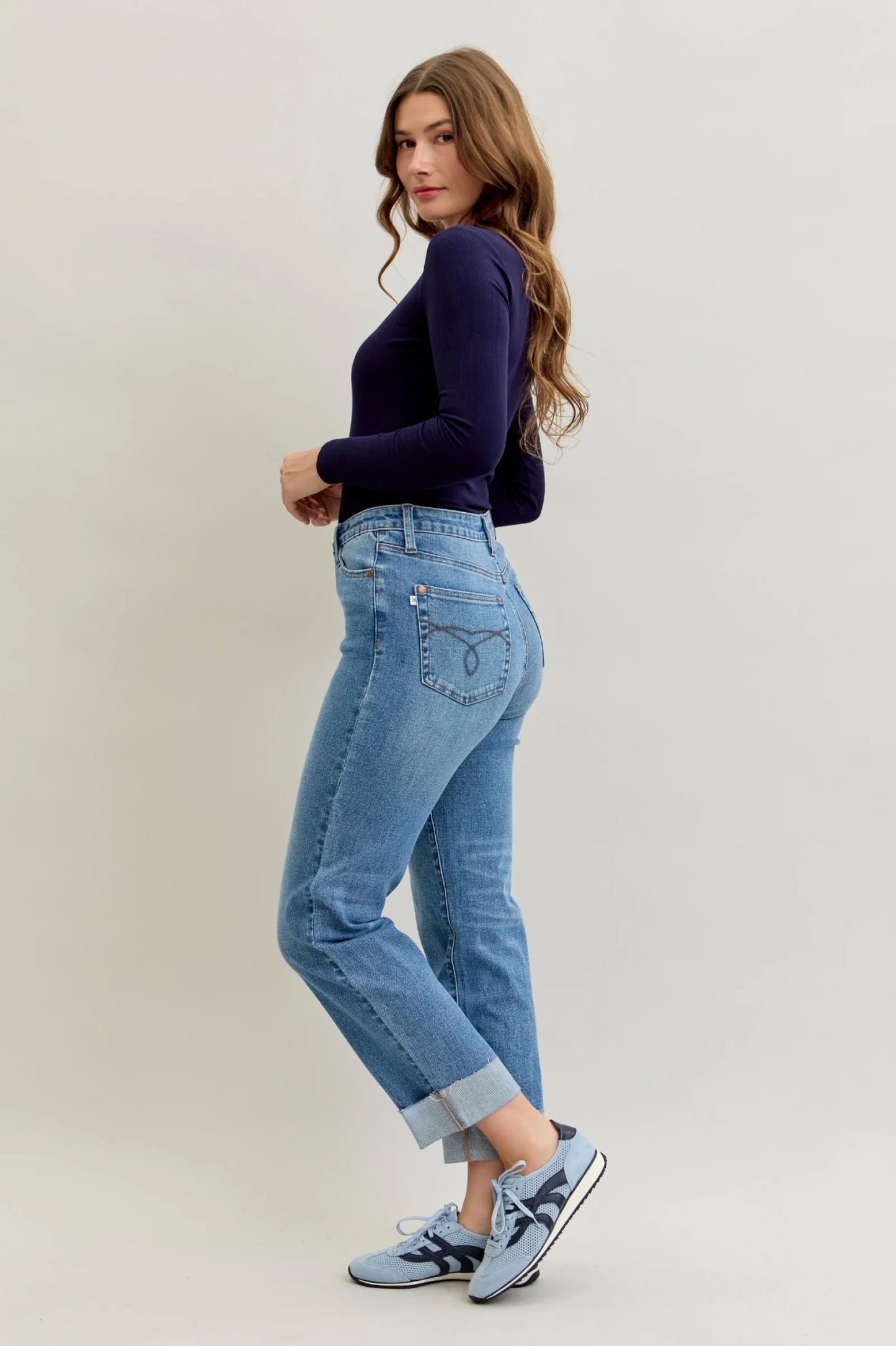 Judy Blue High Waist Bf Criss-cross Mild Destroy Jeans with Single Cuff 881003