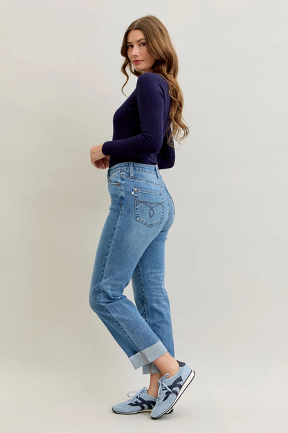 Judy Blue High Waist Bf Criss-cross Mild Destroy Jeans with Single Cuff 881003