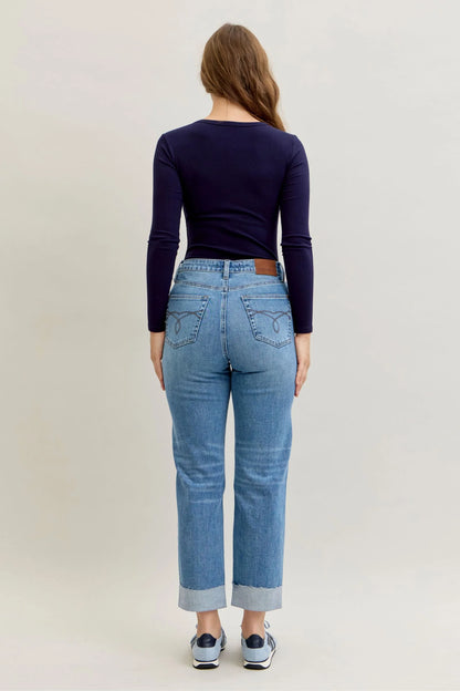 Judy Blue High Waist Bf Criss-cross Mild Destroy Jeans with Single Cuff 881003