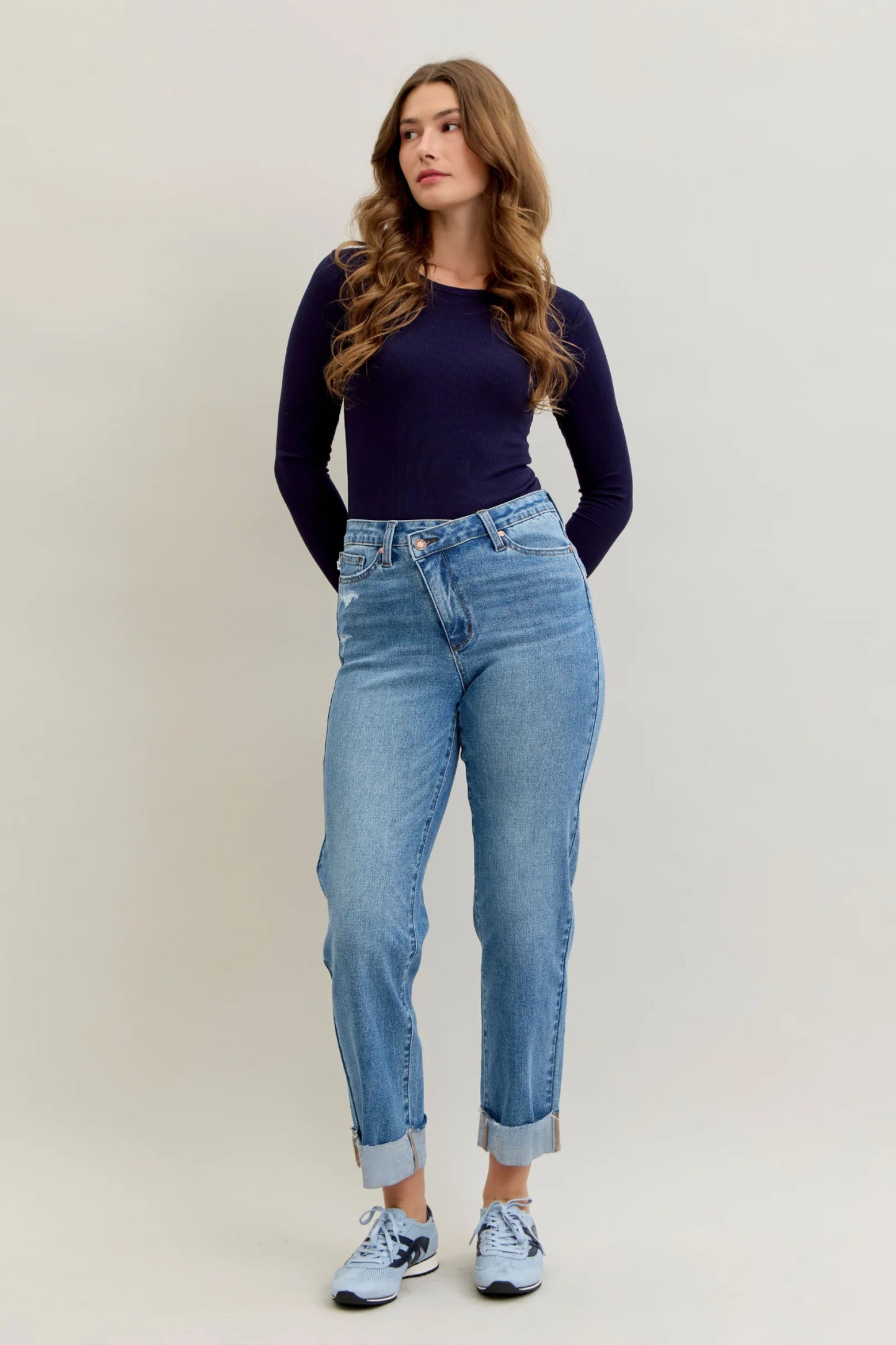 Judy Blue High Waist Bf Criss-cross Mild Destroy Jeans with Single Cuff 881003