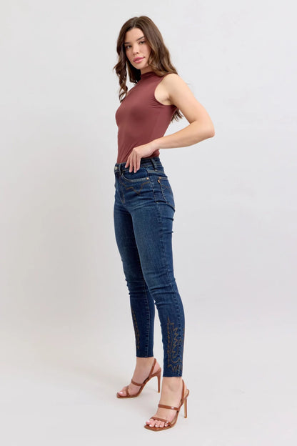 Judy Blue Mid Rise Western Embroidery Detail Skinny Jeans #88269