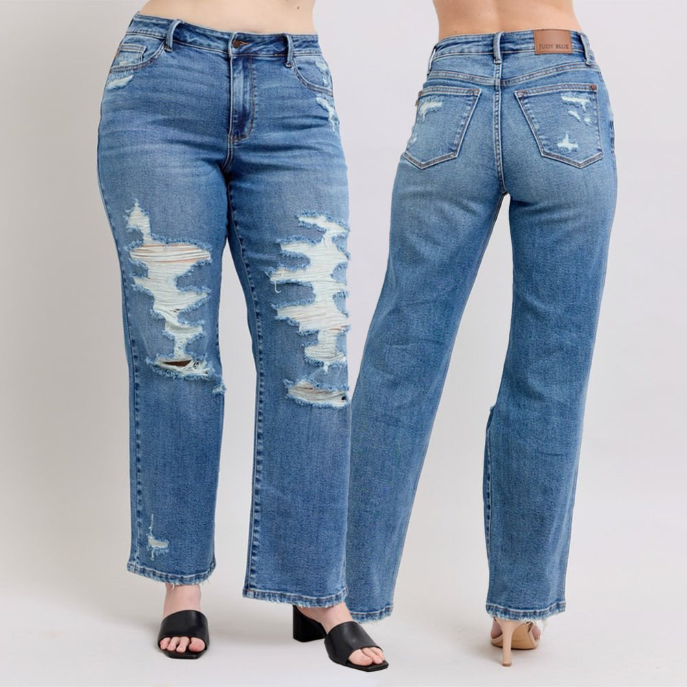 Judy Blue High Waist Heavy Destroy Straight Jeans 88447