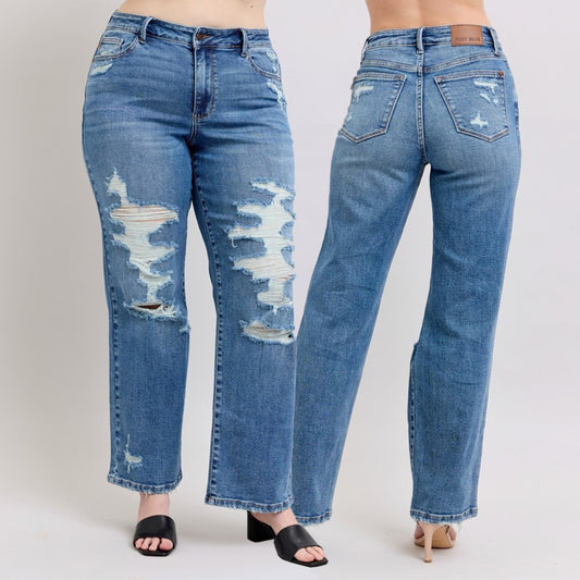 Judy Blue High Waist Heavy Destroy Straight Jeans 88447