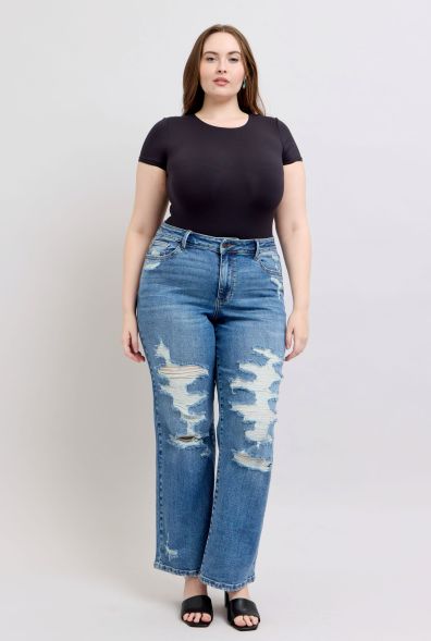 Judy Blue High Waist Heavy Destroy Straight Jeans 88447