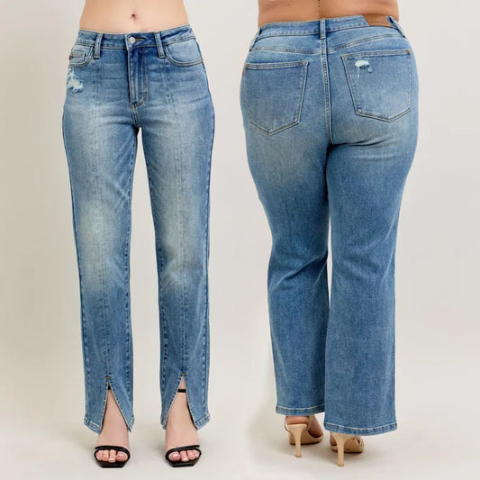 Judy Blue HW Vintage Wash Front Seam & Slit Straight Leg Jeans #88533