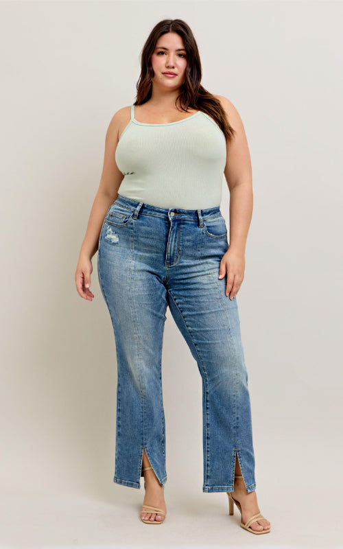 Judy Blue HW Vintage Wash Front Seam & Slit Straight Leg Jeans #88533